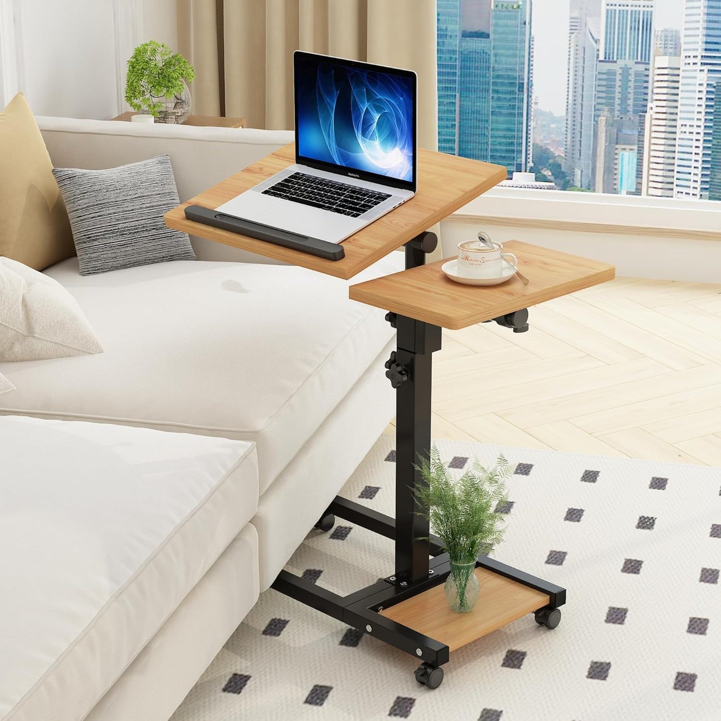 Laptop Desk Stand for Bed Portable Desk Overbed Bedside Mobile Laptop Table Rolling Foldable Table Adjustable Height with Locked Wheels & Mouse Pad for Office Sofa