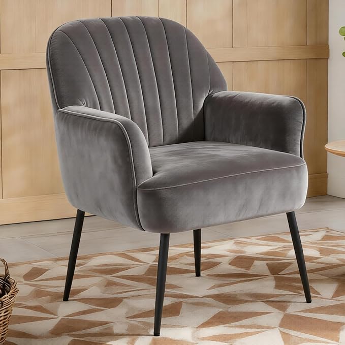 Holiway Velvet Accent Chair, Upholstered Modern Leisure Single Sofa Side Chair, Comfy Tufted Back Armchair with Metal Legs for Living Room/Bedroom/Office/Reading Room, Grey