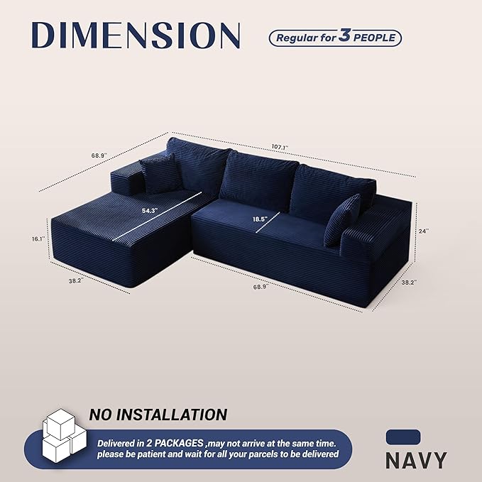 Afuson 107" Boneless Couch with Deep Seat, Modular Sectional Sofa, Cloud Sectional Couch for Living Room, No Assembly Required, Corduroy, L-Shape Left, Blue