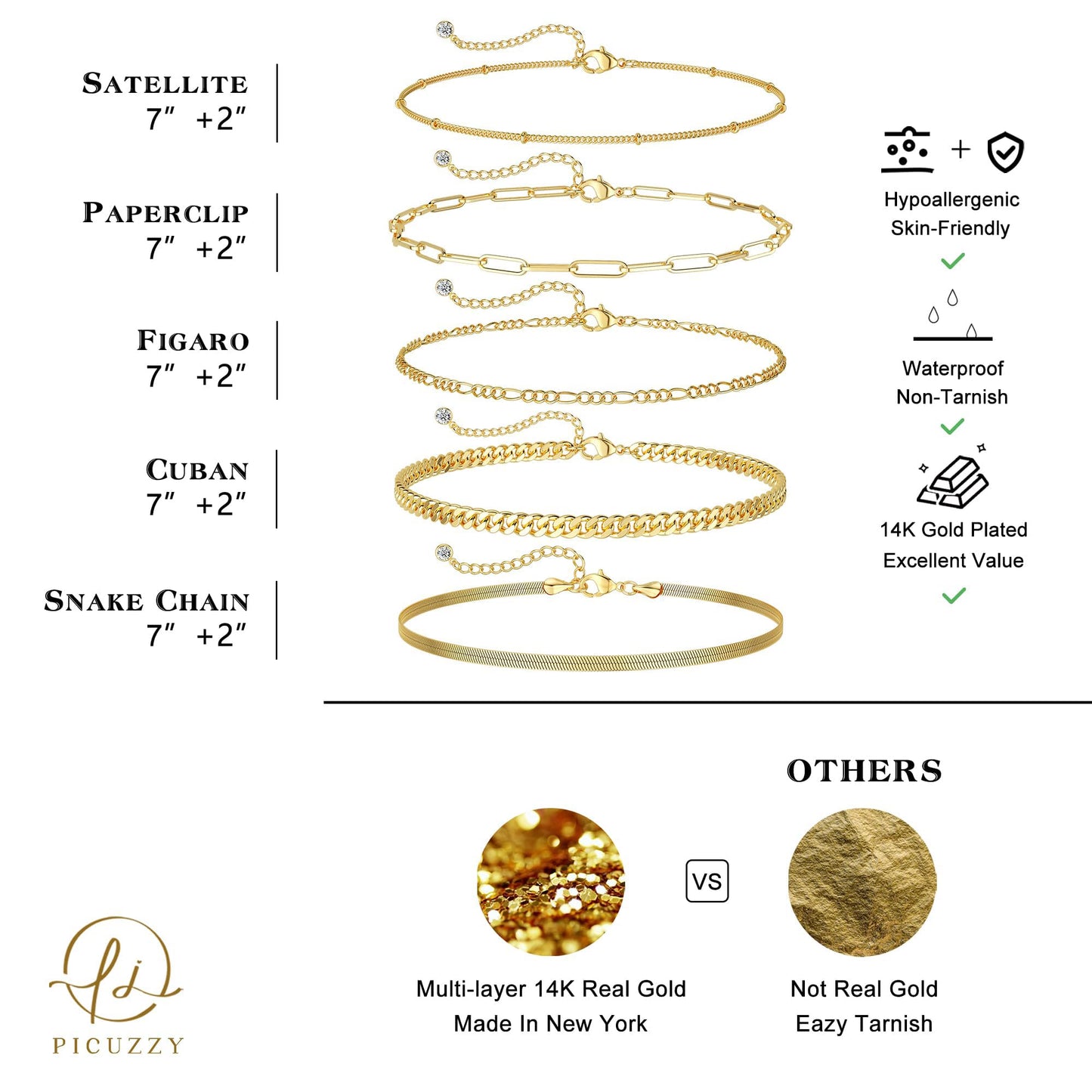 DEARMAY 14K Gold Plated Bracelets for Women Jewelry Sets Stack Trendy Dainty Stackable Paperclip Rope Snake Box Figaro Chain Bra