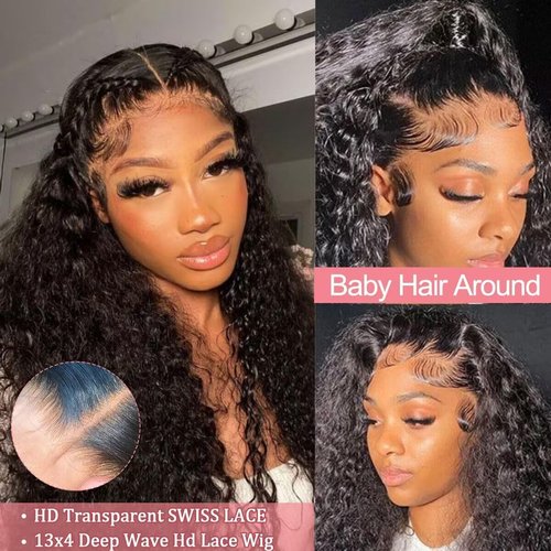RENUS 16 Inch Short Bob Wigs 13x4 Deep Wave Bob Wig Human Hair 220% Density Deep Curly 100% Virgin Human Hair Pre Plucked Wet and Wavy Glueless Transparent Lace Frontal Wig for Women Natural Hairline