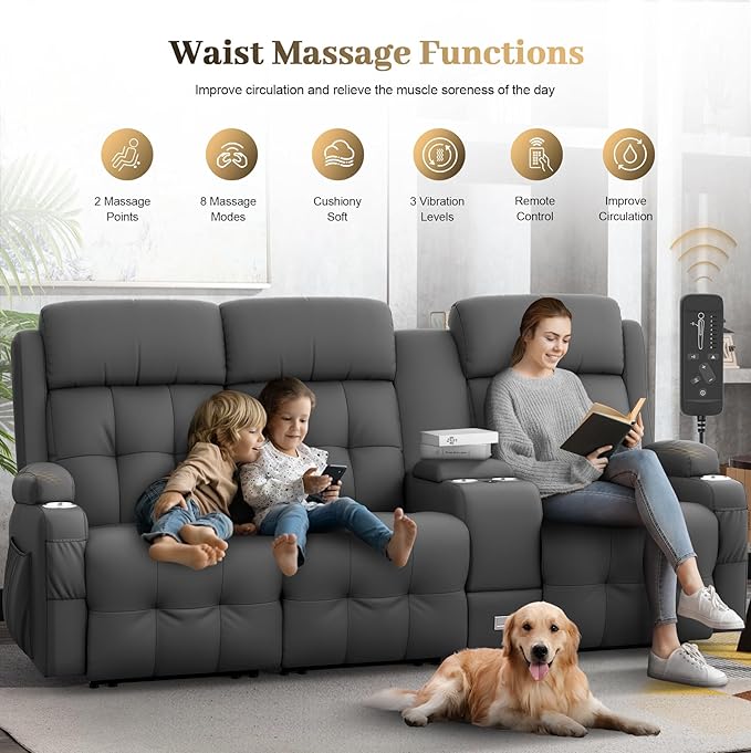 Aotolo Recliner Sofa, Massage Reclining Sofa 3 Seater Sets Heavy Weight Capacity, RV Loveseat Couch Clearance with Console, USB, Type C Port, Storage, Cup Holders, Wall Hugger Chair for Living Room