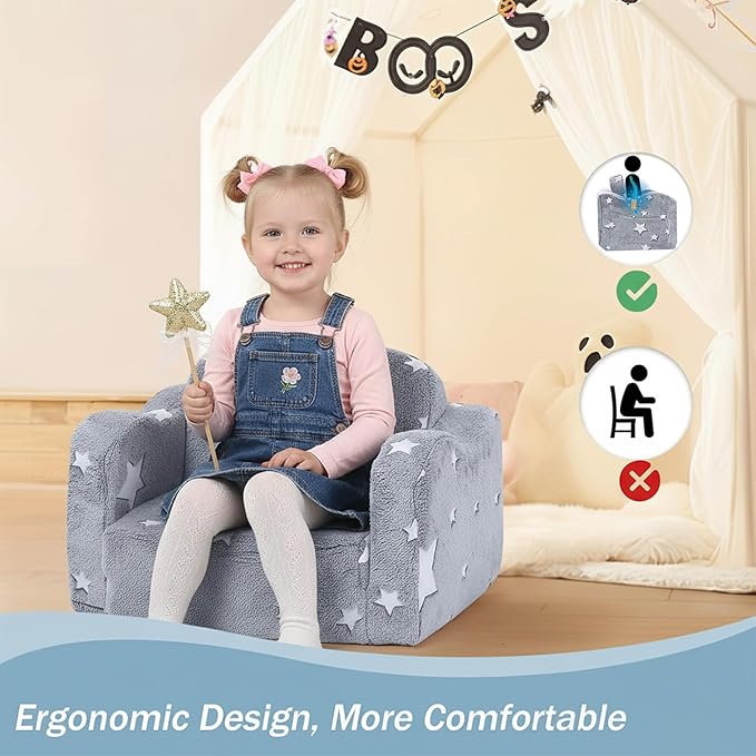 MeMoreCool Kids Glow Star Sofa Chair – 2-in-1 Foldable Toddler Lounger, Gray | Convertible Couch for Playroom or Nursery | Soft Foam Seat | Removable & Washable Cover | Glows in The Dark