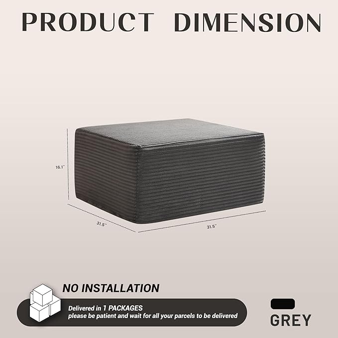 Afuson Cozy Square Ottoman, Comfortable Seating, No Assembly Required, Grey