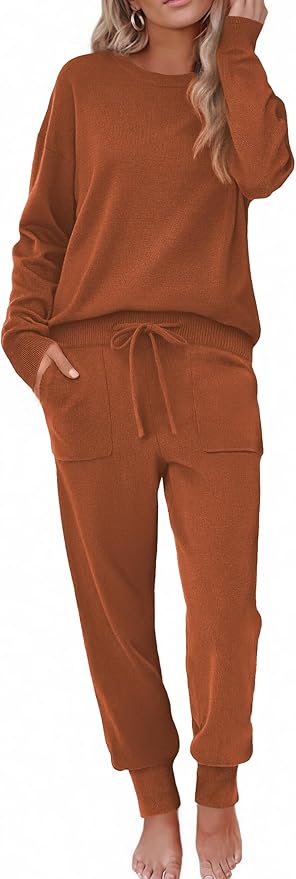 Ekouaer Women's 2 Piece Lounge Set Long Sleeve Knit Pajamas Sweatsuit Jogger Pant Outfits With Pockets S-XXL