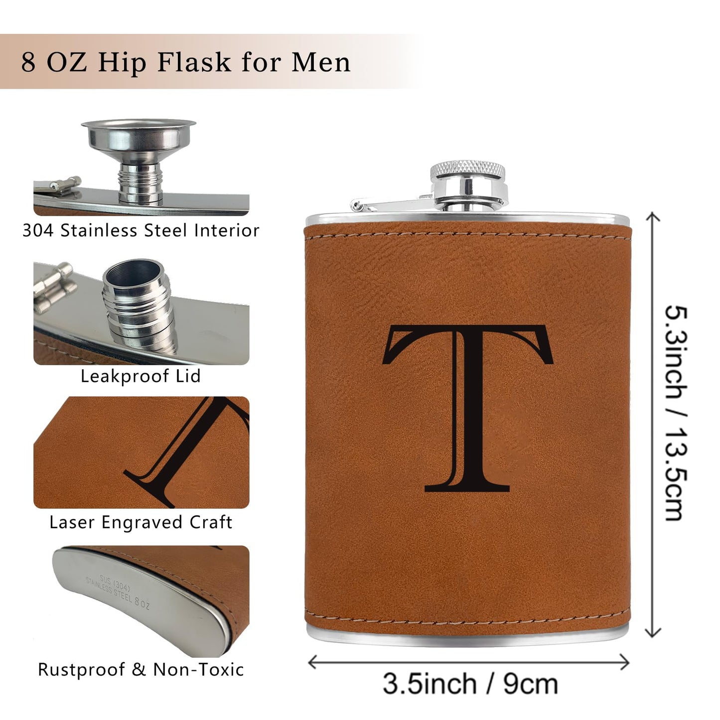 CARAKNOTS Hip Flasks for Liquor for Men Leather Drinking Whiskey Flask with Initials Engraved Stainless Steel with Funnel 8 OZ Personalized Christmas Birthday Gifts for Dad Him Letter T