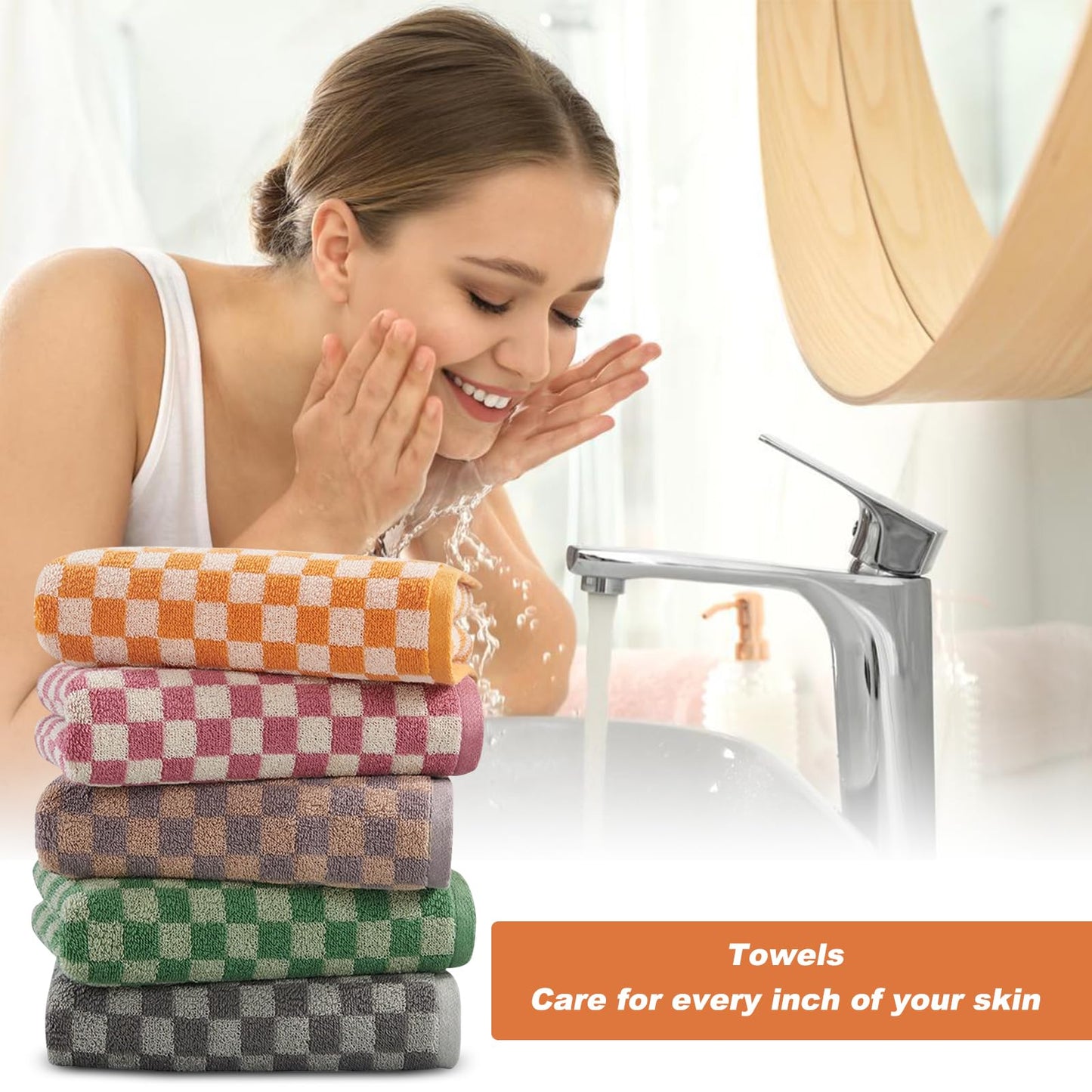 LYLHZRMDGC Set of 5 Checkered Bath Towels, Soft, Absorbent Cotton Hand Towels for Bathroom, Kitchen, Spa, 13 x 29 Inches, Send Goods from Local Warehouse