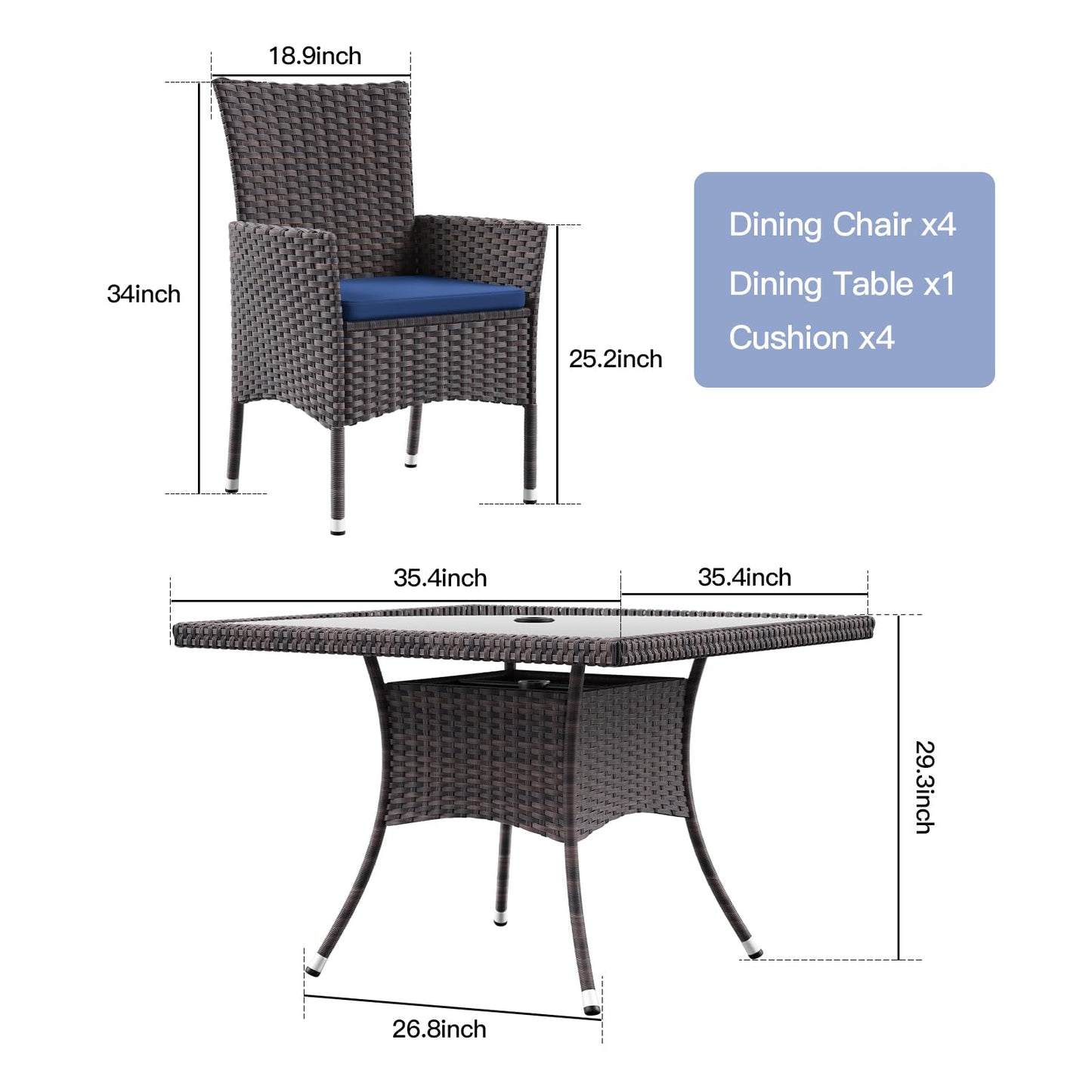 Gotland 5-Piece Indoor/Outdoor Dining Table Set, Garden Patio Rattan Set with w/Tempered Glass Tabletop with Removable Cushions and Umbrella Cutout for Patio, Backyard,4 Chairs - Navy