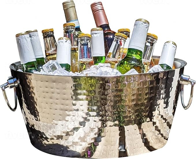 BREKX Hammered Stainless-Steel Beverage Tub, Double-Walled Insulated Anchored Drink Tub & Ice Bucket with Double Hinged Ha...