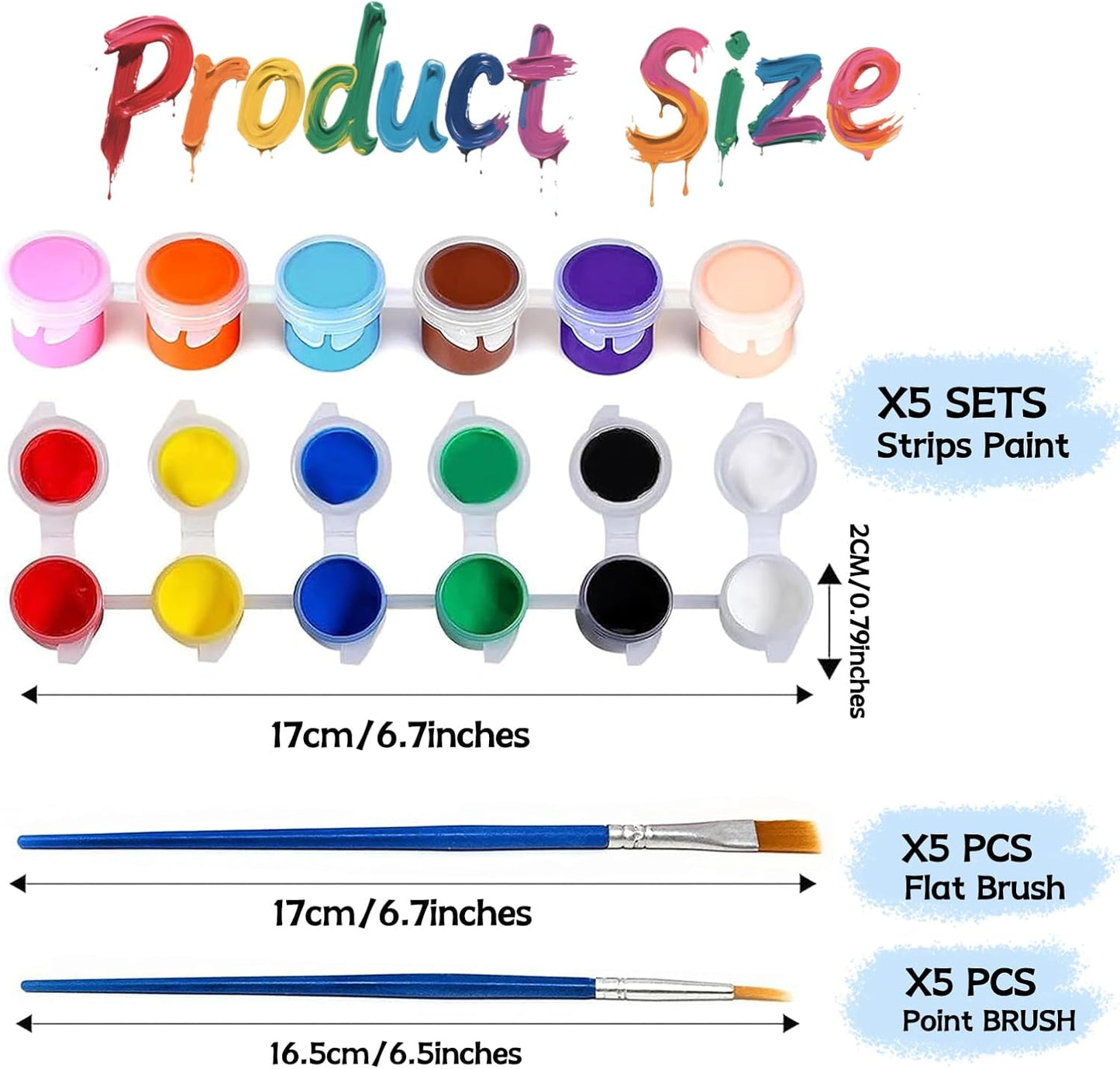 5 Packs Mini Acrylic Paint Set, 12 Colors Washable Paint Strips for Kids & Adults - Includes 10 Brushes (5 Flat + 5 Pointed), 60 PCS kids Paint Kits for Easter Eggs, Birthday, Classroom Party