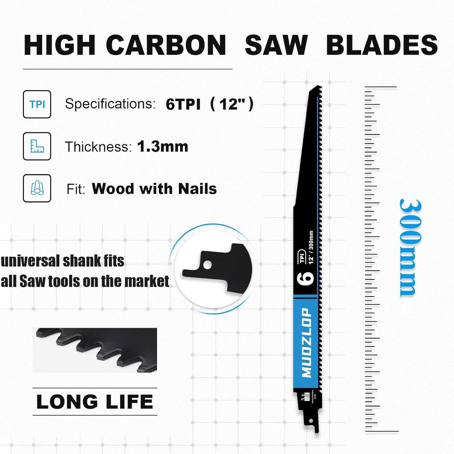 1 Pack 12 inch Reciprocating Saw Blades Set，6 TPI High Carbon Saw Blades for Wood with Nails ，Saw Blades with Organizer Case (1, 6T/12inch)
