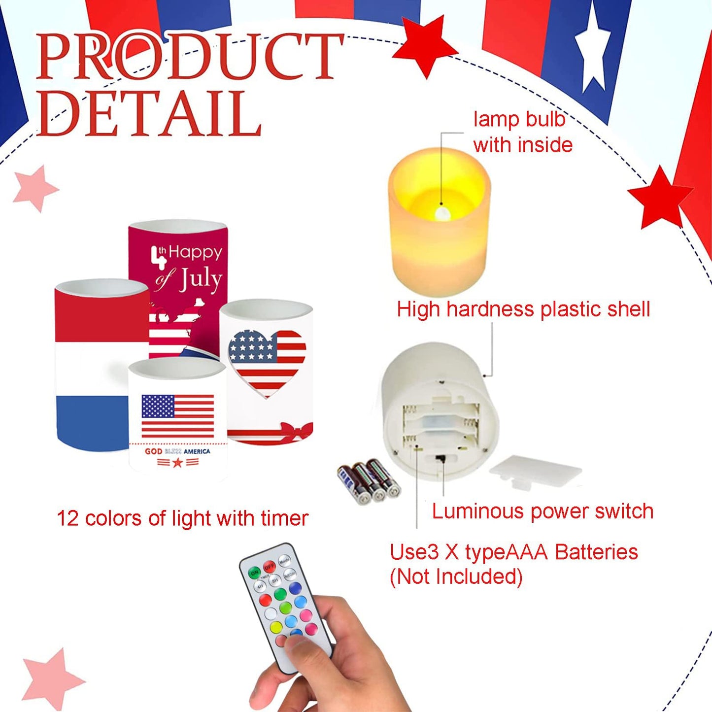 Aulaygo 4Th Of July Candles With Timer Remote Control Red White And Blue Candles Battery Operated Set Of 4 For Independence Day