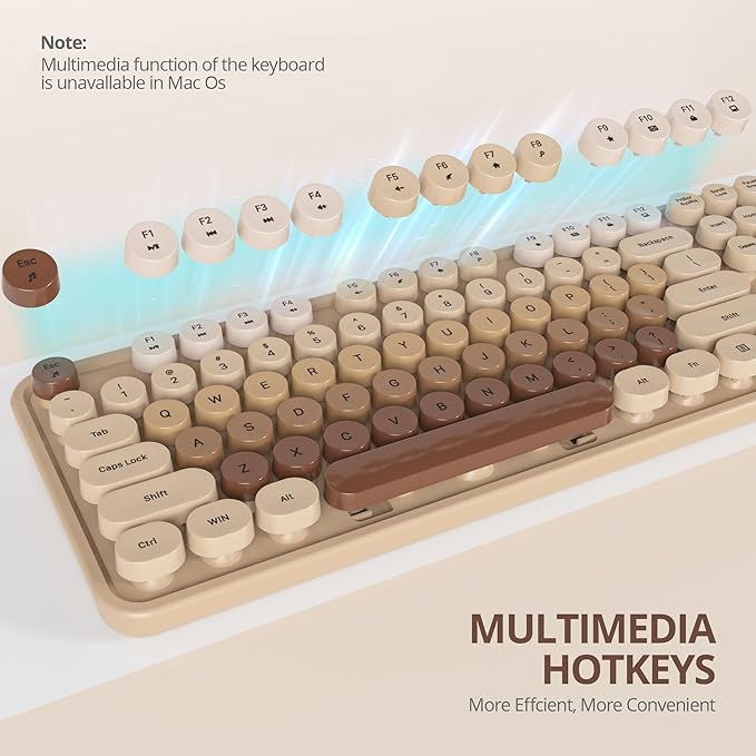 Owpkeenthy Brown Keyboard and Mouse Wireless, Cute Colorful Typewriter Keyboard Full-Sized with Number Pad Round Keycaps for Desktop, Laptop and Computer(Gradient Brown)