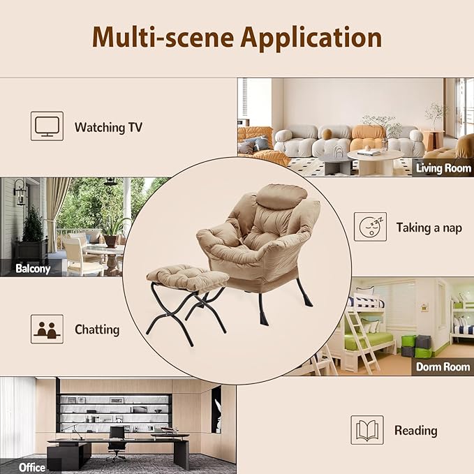 Youtanic Lazy Chair with Folding Ottoman, Accent Chair Velvet Upholstered with Metal Structure and Non-Slip Pads, Sofa Armchair with Footrest and Side Storage Bag for Dorm, Room, Office, Khaki