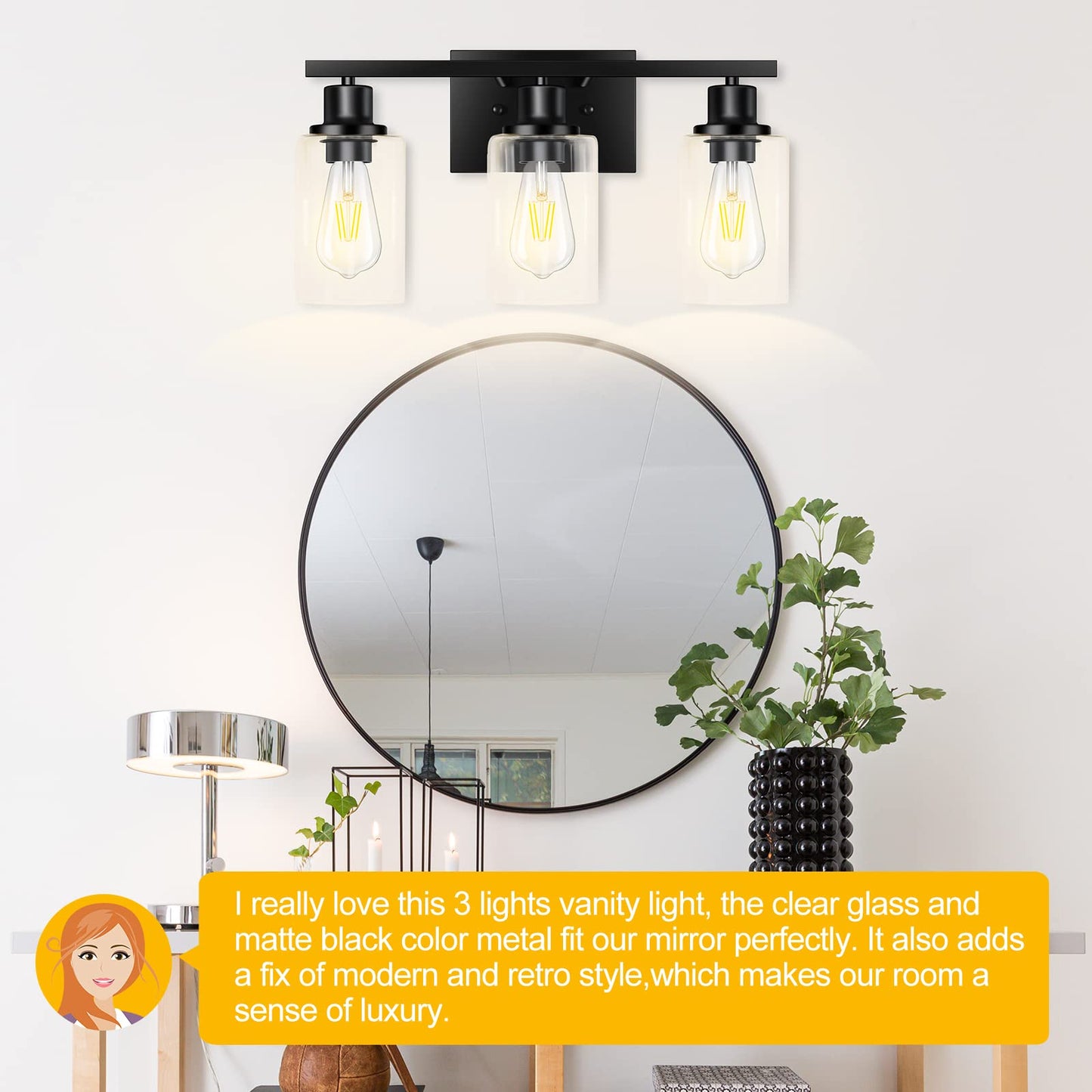 Apenath 3-Light Vanity Light, Matte Black Bathroom Lighting Fixtures Over Mirror, Modern Metal Wall Lights for Hallway Kitchen Bedroom Living Room
