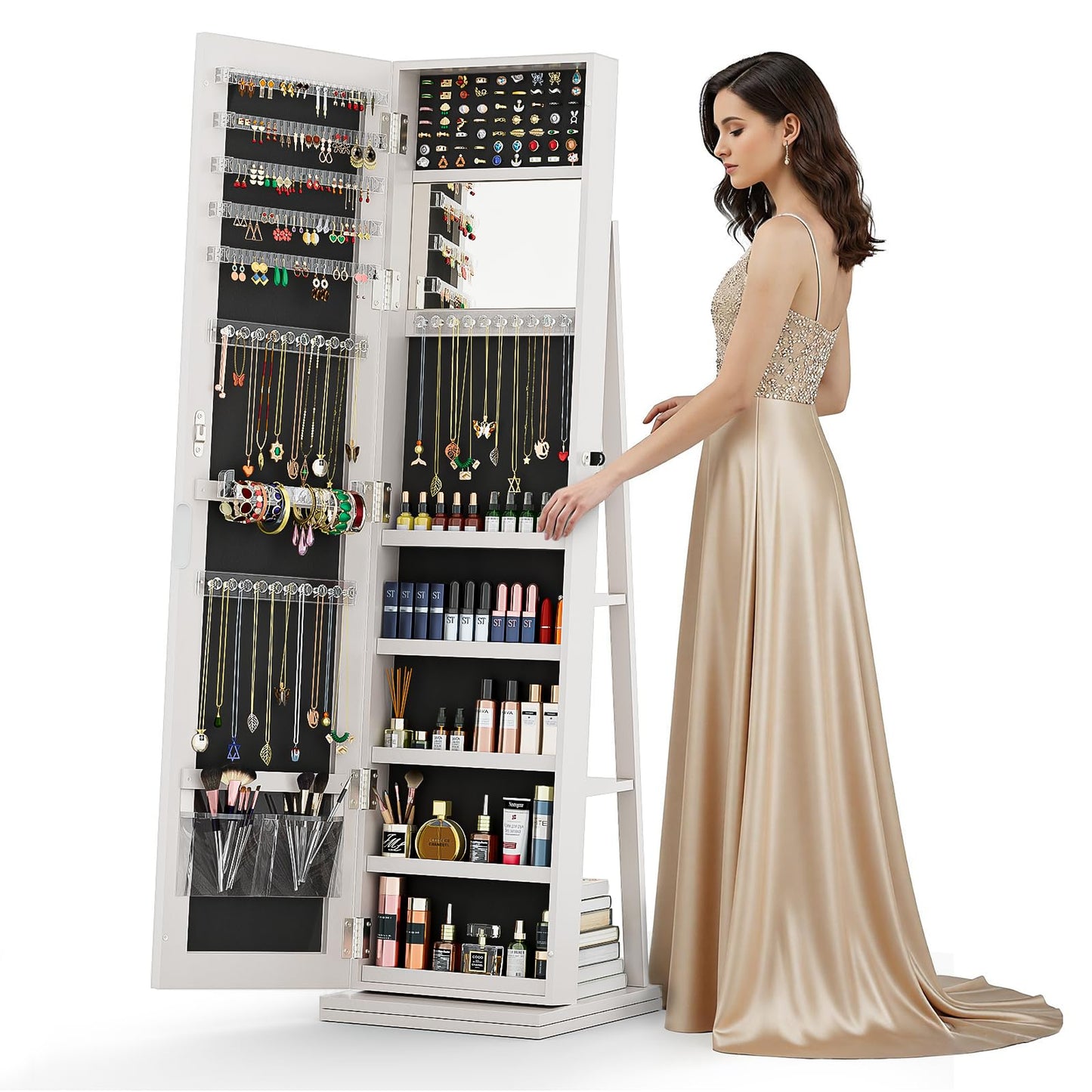 FAVSH 4-In-1 Jewelry Cabinet with Full-Length Mirror, 360° Swivel Jewelry Armoire Lockable Standing, Back Storage Shelves, Makeup Mirror, Jewelry Organizer with Storage for Best Gift, White