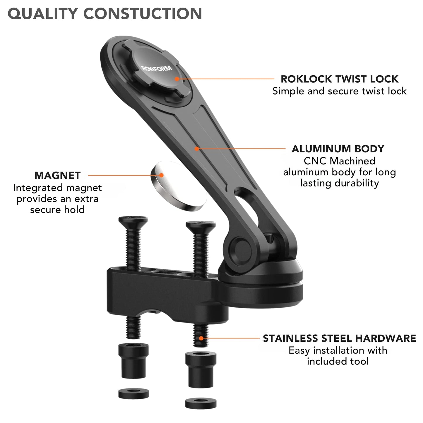Rokform - Motorcycle Cell Phone Perch Mount, Clutch Perch Phone Mount Fits Most Harleys, Secures Phone Via Quad Tab Twist Lock
