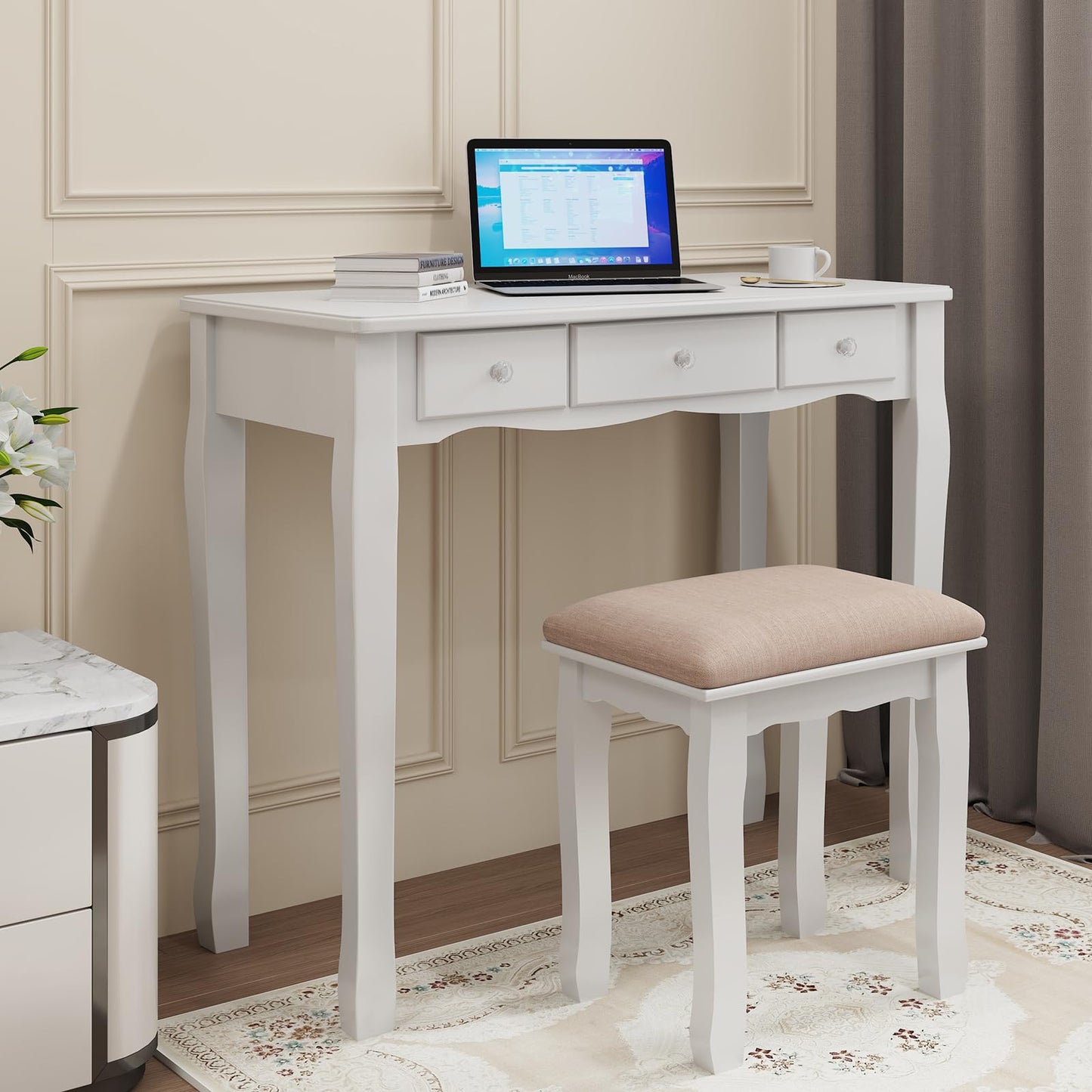 HIULOG Vanity Desk with Mirror and Lights, Vanity with Stool,5 Drawers and Cabinets White Vanity Mirror with LED Lights Vanity Desk and Chair for Bedroom