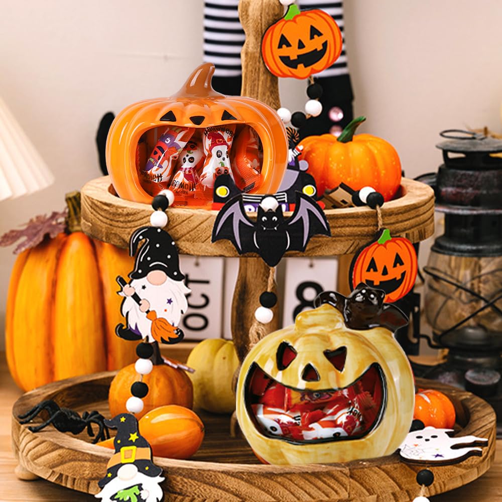 DIYDEC 2pcs Halloween Candy Bowls, Pumpkin Candy Dish Candle Holder Pumpkin Ceramic Bowl Tableware Decorations for Halloween Tiered Tray Ornament Home Decor