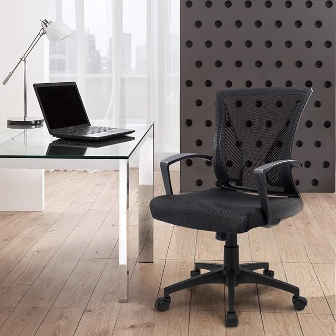 Furmax Office Chair Ergonomic Computer Desk Mesh Chair Mid Back Swivel Lumbar Support with Armrest (1, Black)