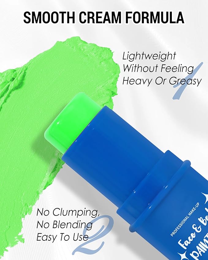 Green Face Paint Stick, Waterproof Highly Pigmented Glow in the Dark Body Paint, Green Eye Black Baseball Painting Stick, Body Painting for Patrick’s Day SFX Cosplay Halloween Makeup-05