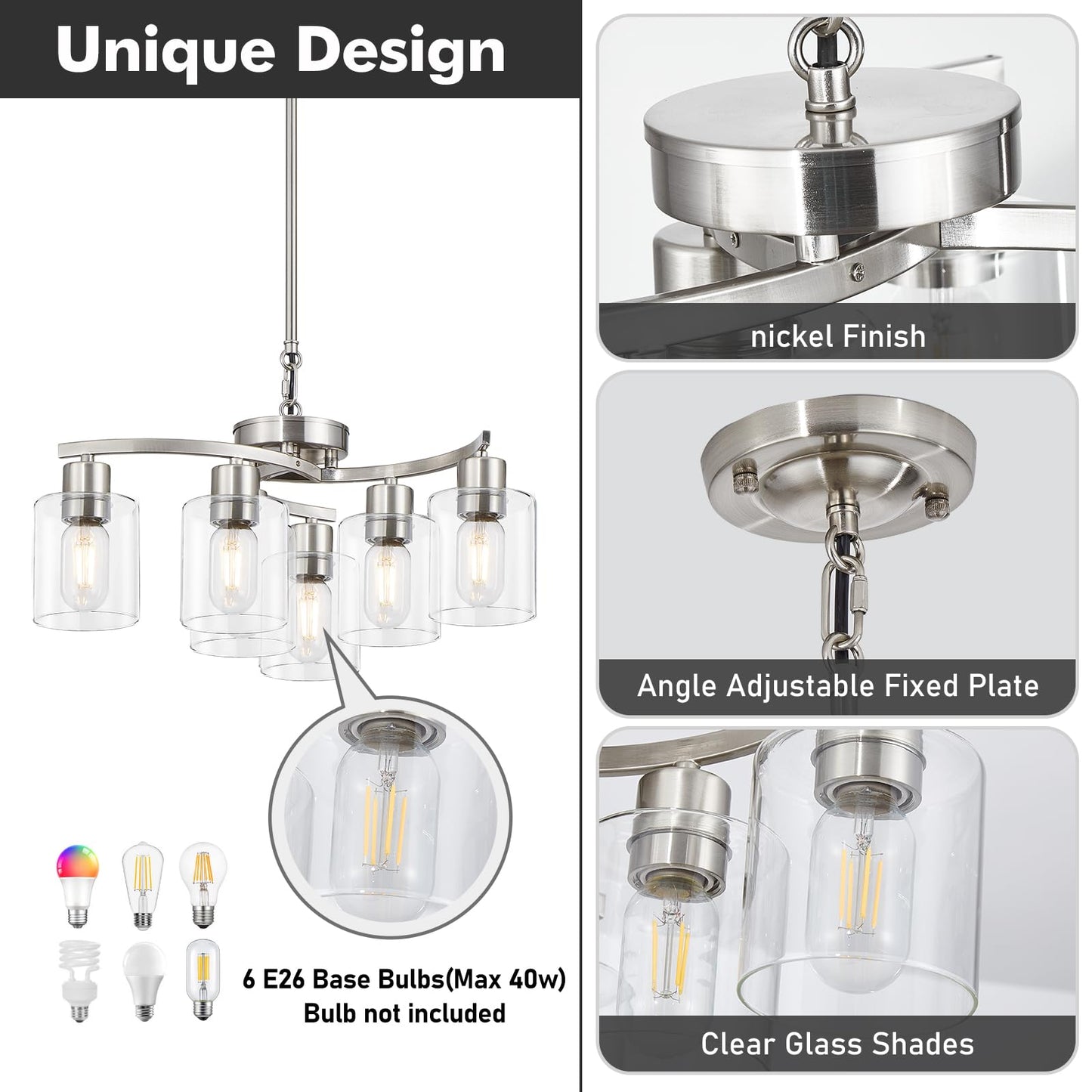 Eatich Modern Chandelier, Brushed Nickel Chandeliers for Dining Room, Adjustable Height 6 Light Dining Room Light Fixture, Hanging Light Fixtures Ceiling for Living Room Bedroom Kitchen Island