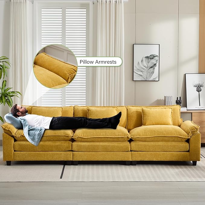 Oprisen 120" Modular Sectional Sofa, Comfy Cloud Couch Sectional Sofa, Chenille Sofa Sleeper Deep Seat Sofa with Throw Pillows for Living Room (Yellow, 120"- 3 Seater)