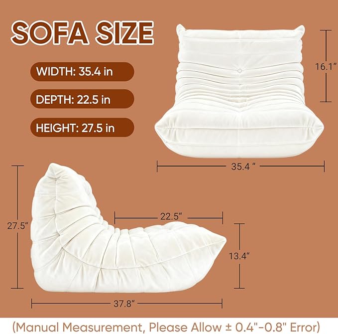 Bean Bag Chairs for Adults - Comfy Memory Foam Fireside Chair, Adult Size with Soft Dutch Velvet Fabric Beanbag Couch, Versatile for Living Room, Dorm, Reading Corner & Gaming (White)