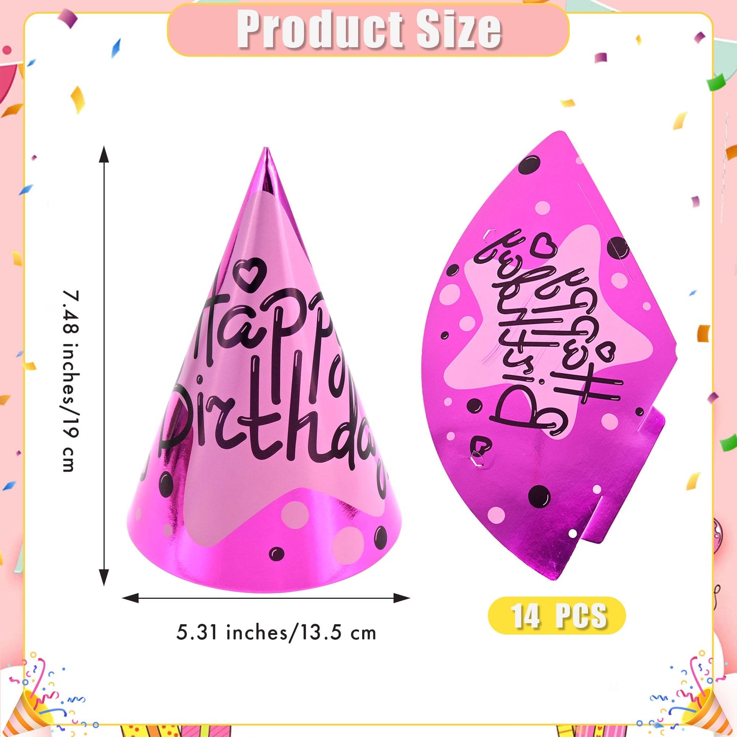 CANREVEL 14 PCS Happy Birthday Party Hats for Kids and Adults, Party Headwear Supplies for Birthday Party Decorations, Cone Hats in 7 Designs for Girls Boys Women Men