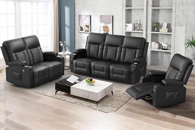 FURNIMAT Oversized Recliner Sofa Set with 3+2+1 Pieces in Living Room, 3 Seats Dual Reclining Sofa Couch with USB Ports, 1 Recliner Chair with Vibration Massage and Heat Single Sofa Seat, Bedroom, RV