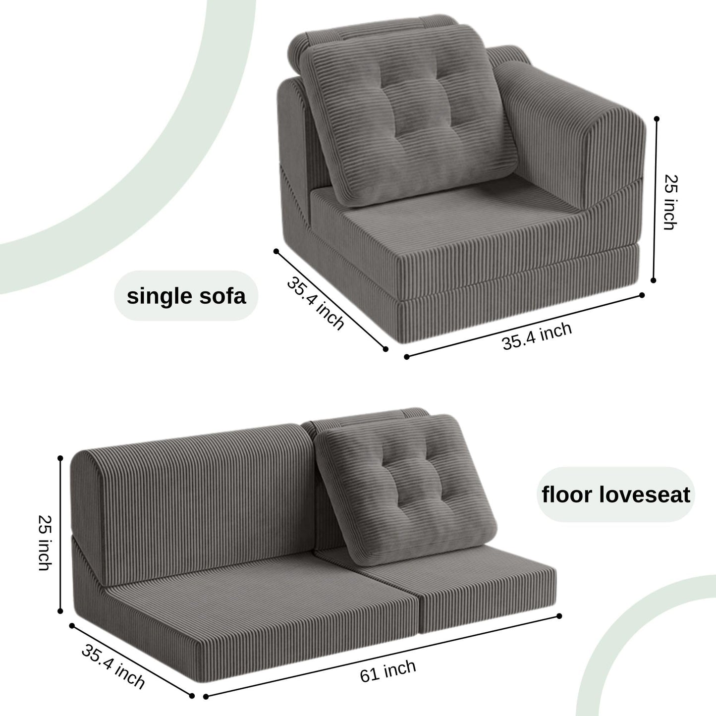 COMAX Folding Sofa Bed, 8-in-1 Foldable Floor Couch Corduroy Convertible Futon Sofa, Fold Out Chair Bed Sleeper Mattress Comfy Portable Lounge Loveseat Guest for Living Room Bedroom, Dark Grey