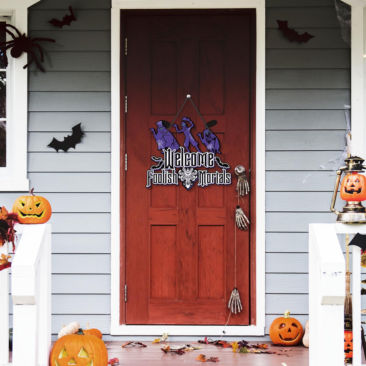 Halloween Welcome Foolish Mortals Wood Signs, Halloween Haunted House Decorations for Home Garden Door Hanging Printed Welcome Foolish Mortals Sign, Fun Haunted House Decor