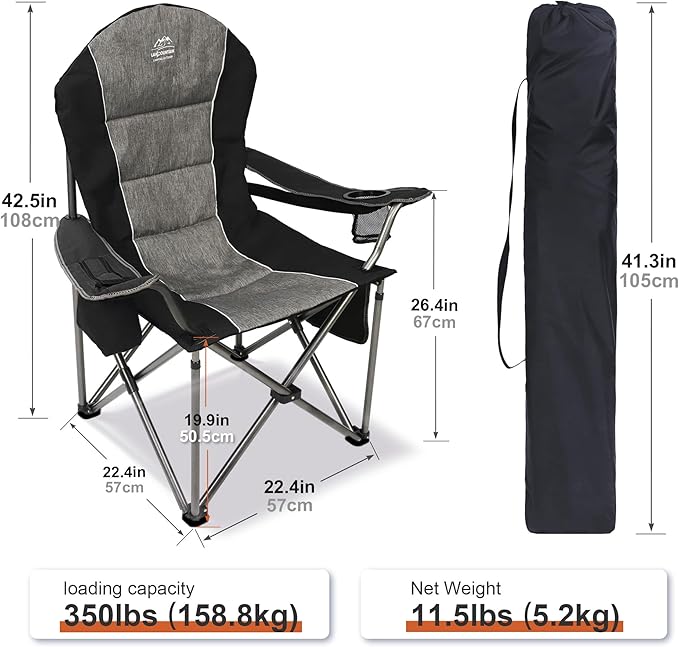 LANMOUNTAIN Camping Chairs for Adults,High Back Folding Camp Chair with Cup Holder and Cooler Bag,Heavy Duty Outdoor Lawn Chairs,Perfect for Camping,Hiking,Picnics,and Beach Trips,Black…