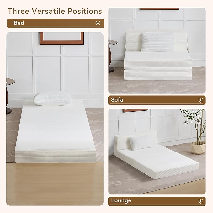WUTUTUEE Folding Sofa Bed Convertible Floor Couch Foldable Chair Bed with Pillow，Linen Sleeper Chair Futon,Foldable Memory Foam Mattress for Bedroom/Living Room/Dorm/Office (Corduroy White, Standard)