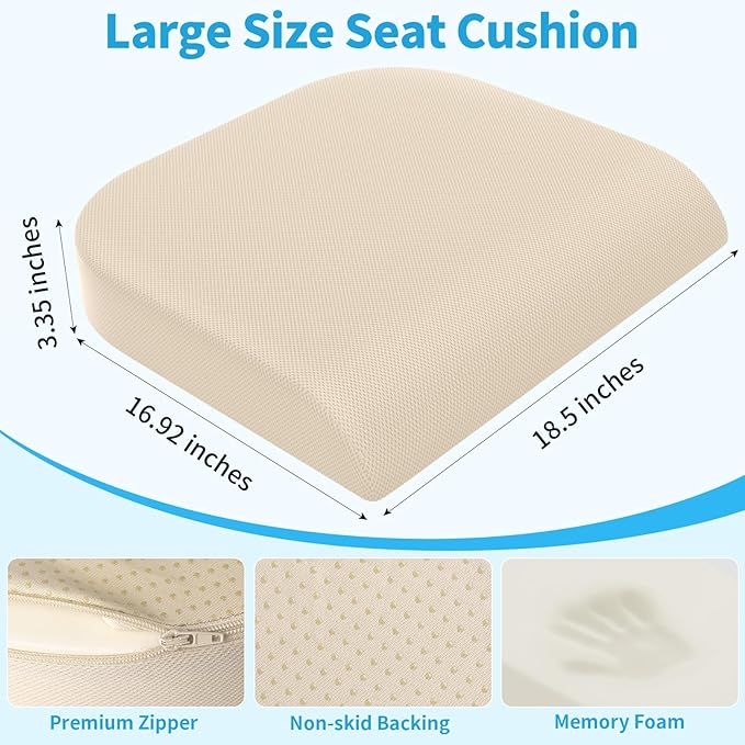 TranquilRelax Large Seat Cushion, Memory Foam Cushion for Long Sitting Hours on Office Chair, Home & Car, Non-Slip Chair Pad for Relieving Back & Sciatica & Hip & Coccyx Pain (Khaki)