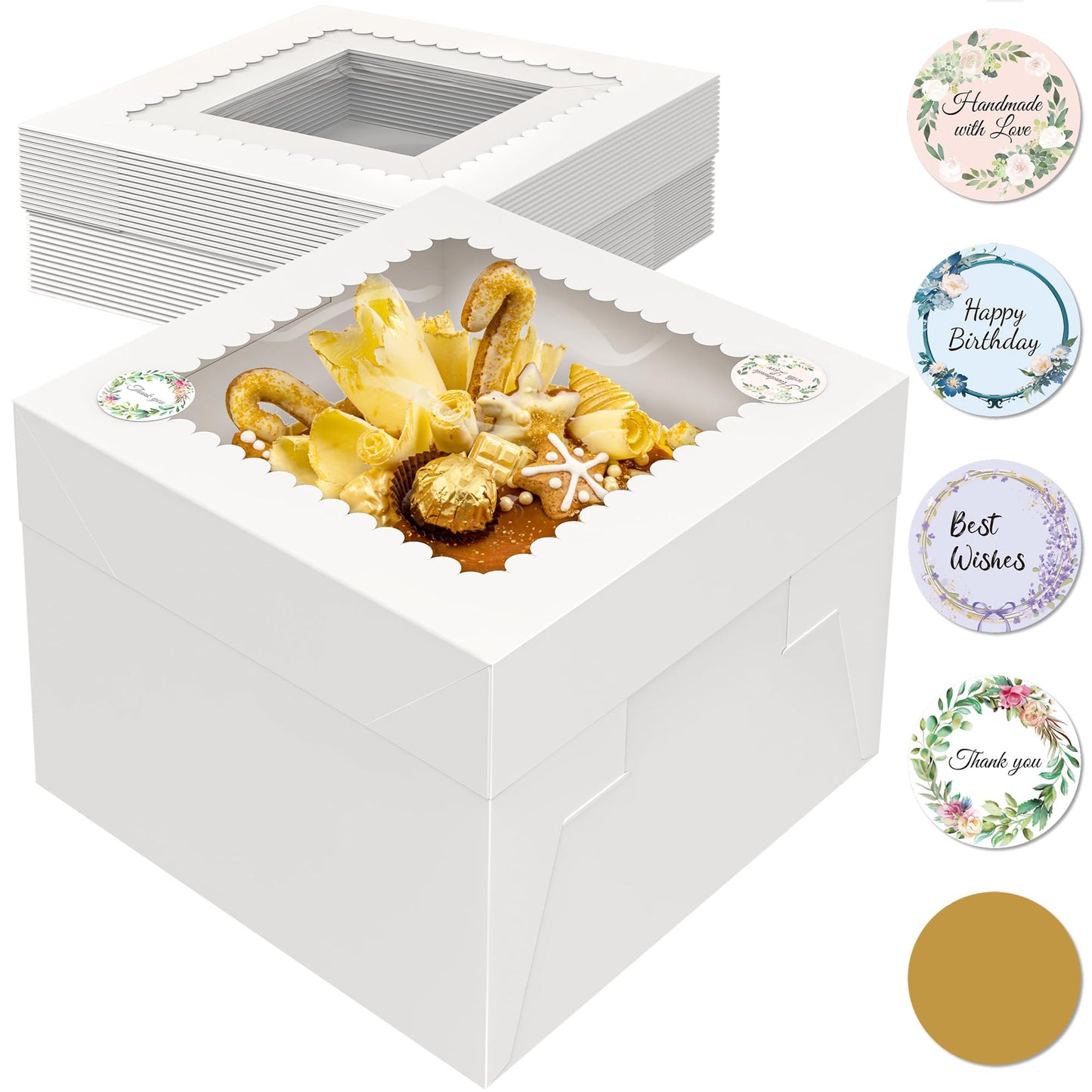 TLAZZ 15 Pcs 10x10x8 Inch Tall Cake Boxes with Window, White Square Cheesecake Bakery Boxes, Large Cardboard Cake Baking Boxes with 90 Stickers for Cakes, Pies, Wedding, Birthday Party