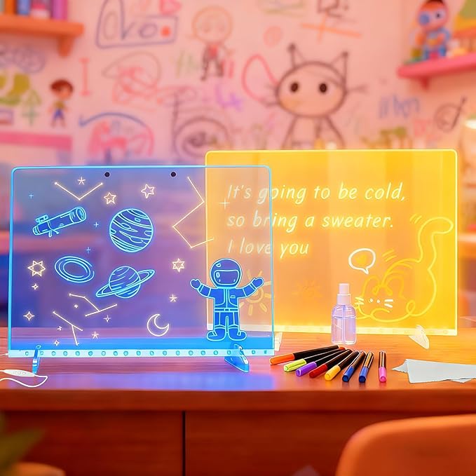 2026 LED Drawing Board for Kids Ages 6+, 2 Pack 13.7"x9.75" Plug-in Light Up Dry Erase Note Boards with Colors, 7 Color Mo...
