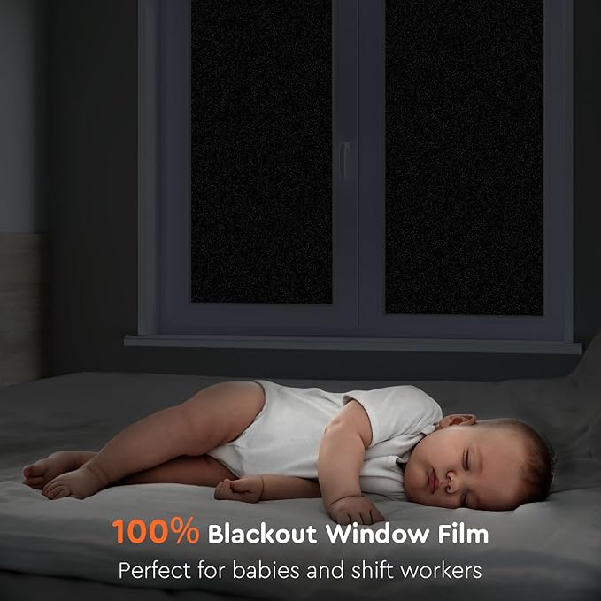 Kromapolis Blackout Window Privacy Film Total Light Blocking Room Darkening Window Covering, Removable Static Cling Frosted Glass Tint, Non-Adhesive, Black 45.2'' x 393.7''