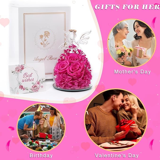 Beferr Valentines Day Rose Gifts for Her Women Mom Gifts for Birthday, Fresh Flowers for Delivery Forever Preserved Rose in Glass Angel Figurine, for Grandma Wife Daughter Girlfriend