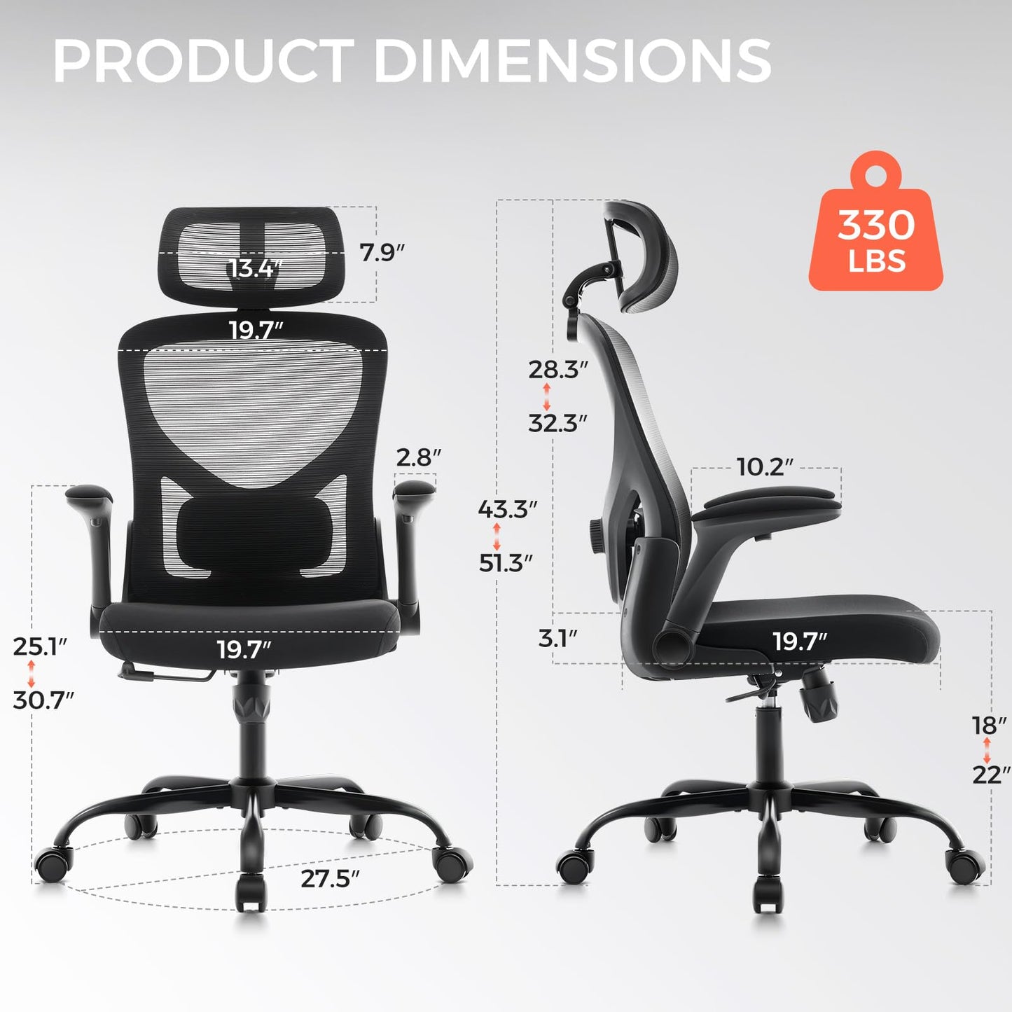 Morkprism Office Chair,Ergonomic Office Desk Chair with 2D Adjustable Lumbar Support,3D Headrest,2D Arms,330LBS High Back Mesh Computer Home Office Chairs Rolling Tilting Swivel Executive Chairs Black