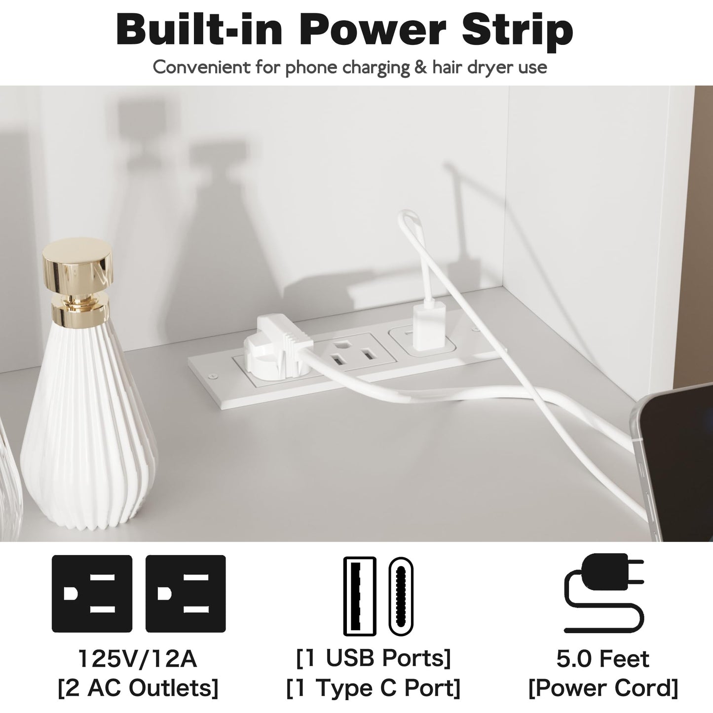 YESHOMY Vanity Desk with Mirror, Power Outlet and 10 Lights, Makeup Table with 7 Drawers, 3 Color Modes Available for Bedroom, White