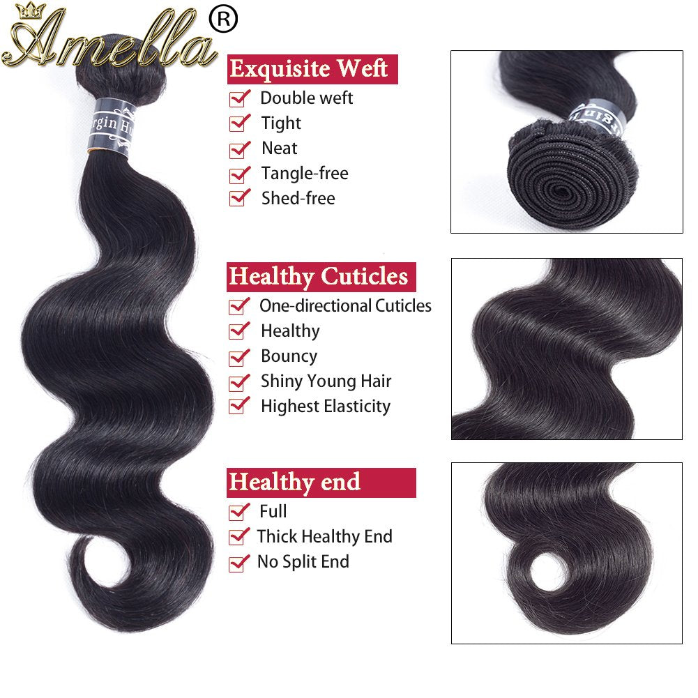 Amella Hair 8A Unprocessed Brazilian Body Wave Bundles with Closure (16 18 20 +16Closure,Natural Black) Virgin Brazilian Hair Bu