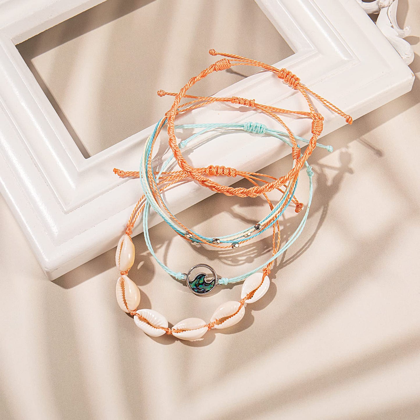 FANCY SHINY Wave String Bracelets Braid Puka Shell Bead Bracelets Handmade Cute Trendy Boho Abalone Jewelry Gifts for Women(Cora