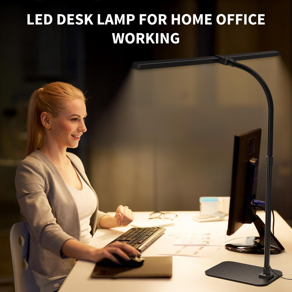 Kaulsoue Desk Lamp Architect Task Dual Head Modern Flexible Gooseneck Tall Dimmable Light for Home Office, 5 Color Modes,Remote Control, 1500lm 24W Extra Bright Lighting