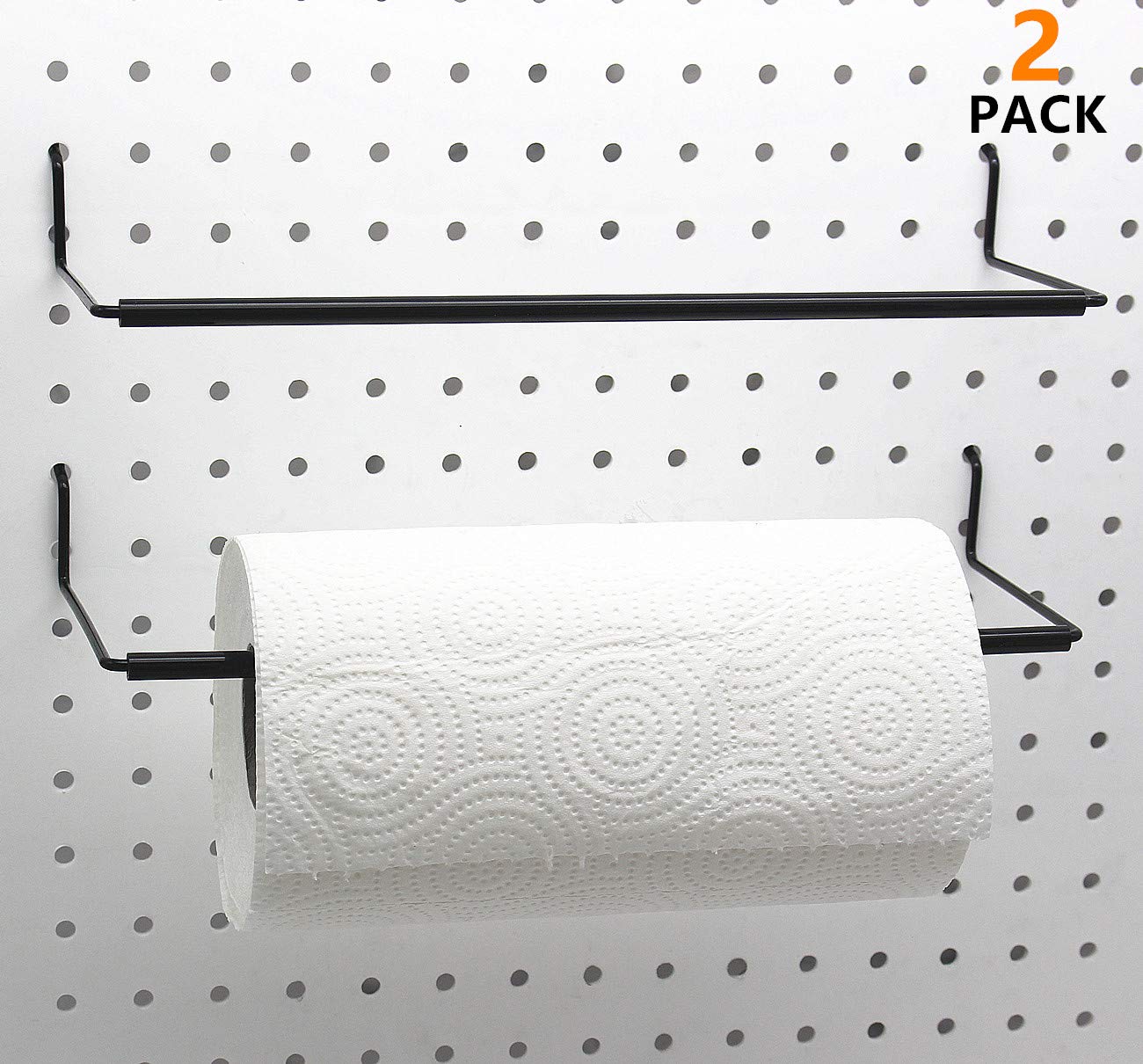 Paper Towel Holder for Pegboard, Extendable, Fit Any Standard Pegboard, Peg Board Organization Accessory Hook for Workshop, Garage, Kitchen, Laundry Room, Bathroom 2 Packs, Black (2 PCS)
