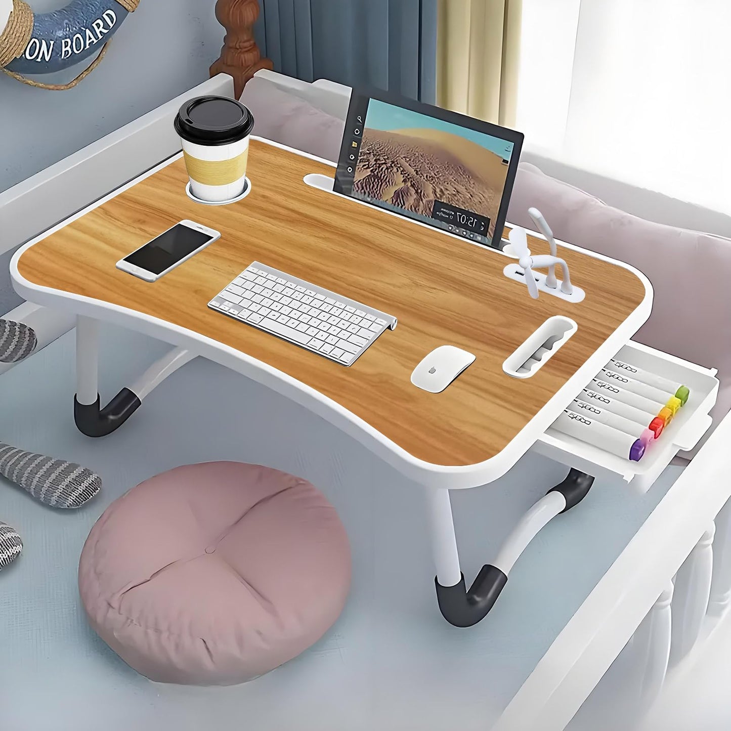 INNOVATIVE LIFE Foldable Laptop Table, Portable Lap Desk Bed Table Tray, Laptop Stand with Cup Holder & Tablet Slot & Lifting Handle for Working Writing Drawing & Eating, Wood