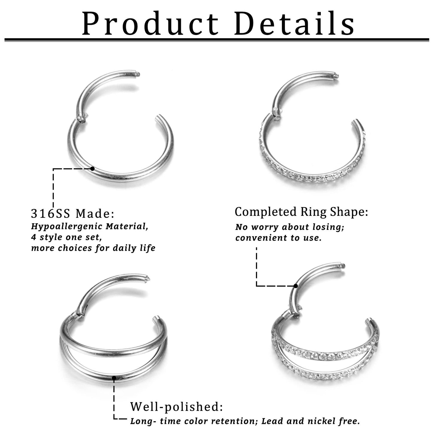 Dochais 4PCS 18G Nose Rings Hoops, Surgical Steel Earrings Tragus Septum Piercing CZ Clicker Ring, Hinged Segment Conch Lip Cart