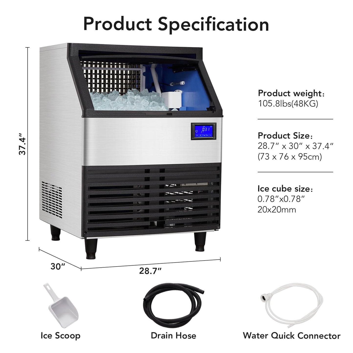 Garvee Commercial Ice Maker Machine, 176 LBS/24H Stainless Steel Under Counter Ice Machine with 99 LBS Ice Storage Capacity, LCD Screen Display, Freestanding Commercial Ice Maker