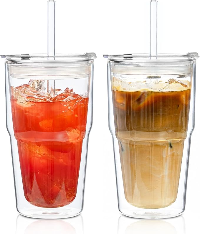 KEMORELA 2 Pack Double Wall Borosilicate Glass Tumblers with Lids and Straws, 16oz Insulated Iced Coffee Cups, Reusable Sm...