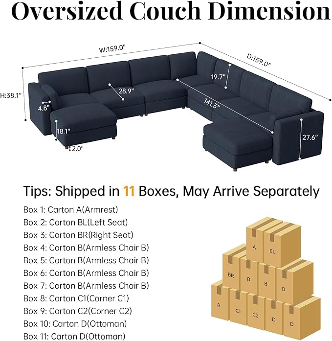 CUGOAO 159'' Modular Sectional Sofa,9-Seater Oversized U-Shaped Sectional Couch with Ottoman, Deep Seat Chenille Cloud Couch, Mordern Upholstered Couches for Living Room, Apartment, Office, Blue